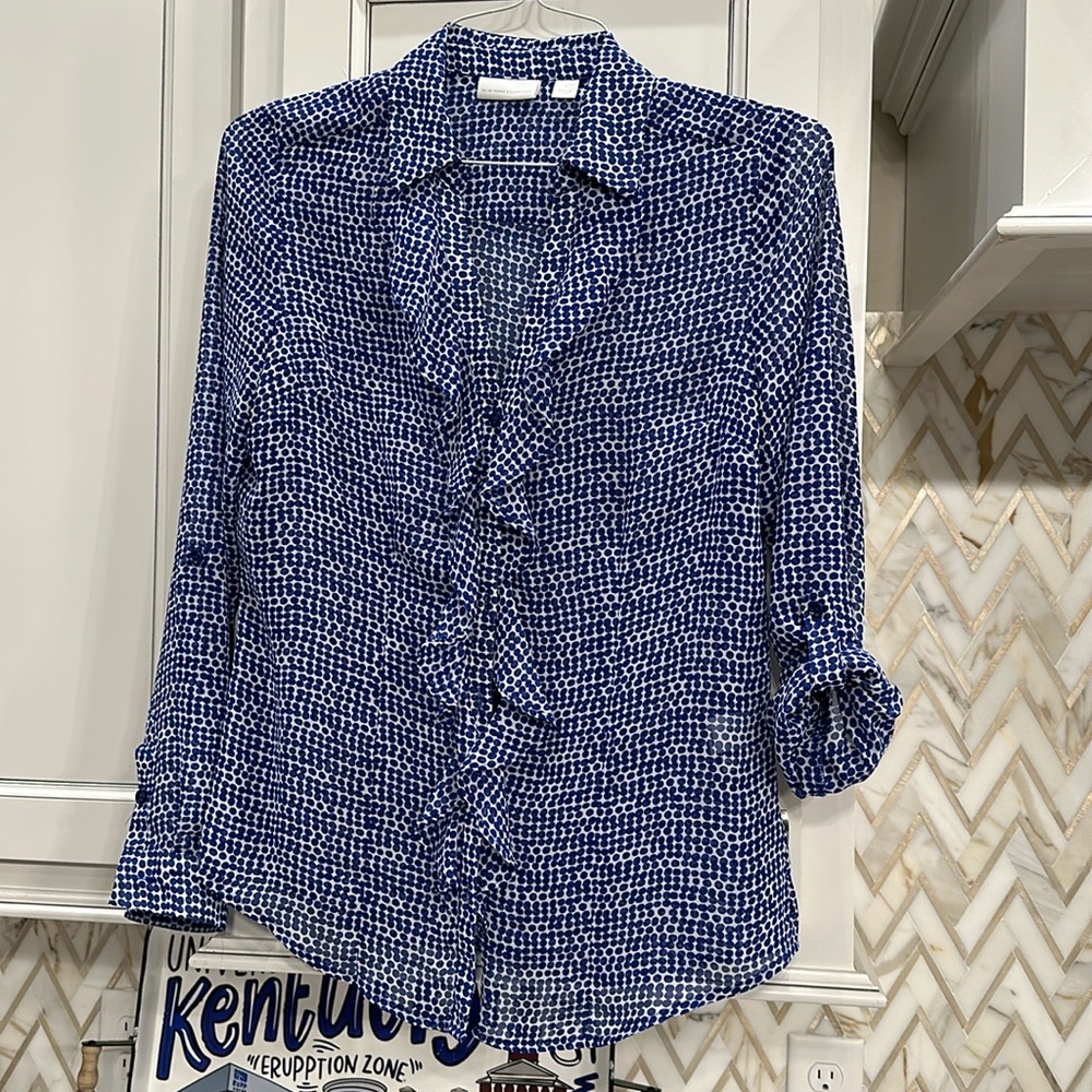 Blue and white polkadot, ruffle front blouse